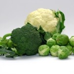 Studio shot of cabbage family (cauliflower, broccoli and brussel sprouts).